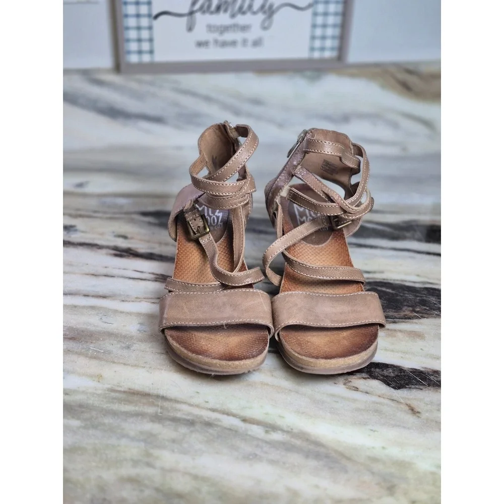 Miz Mooz Womens Leather Strappy Wedge Sandals Tan Brown Low Heel Zipper 39‎ 8.5